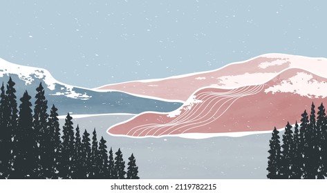 Mid century modern mountain art print. Abstract contemporary aesthetic backgrounds landscapes. illustration of mountain, forest, sea, sky and river