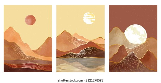 Mid Century Modern Mountain Art Print On Set. Abstract Contemporary Aesthetic Backgrounds Landscapes. Vector Illustration Of Mountain, Sea, Sky Moon And Sun