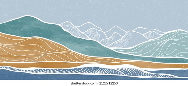 Mid century modern mountain art print. Abstract contemporary aesthetic backgrounds landscapes. illustration of mountain, sea, sky and sun