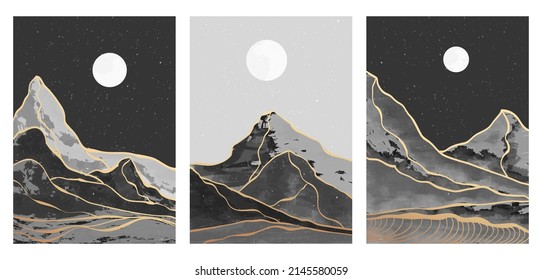 Mid century modern mountain art print. Abstract contemporary aesthetic backgrounds landscapes. illustration black and white of mountain, moon and river on set