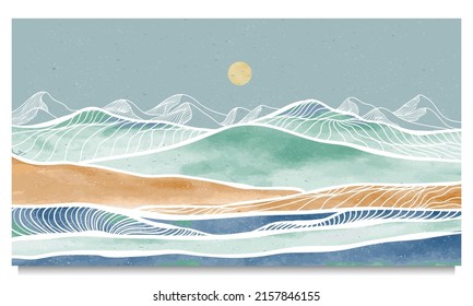 Mid century modern mountain art print. Abstract contemporary aesthetic backgrounds landscapes. illustration of mountain, sea, sky and sun