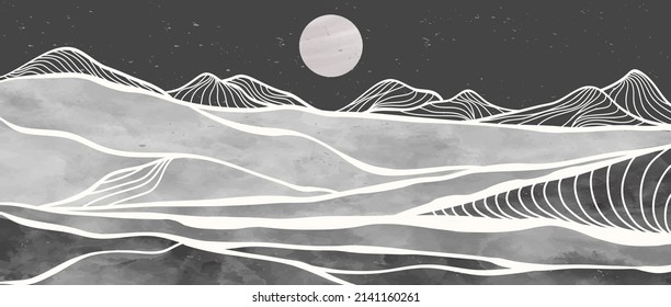 Mid century modern mountain line art print. Abstract contemporary aesthetic backgrounds landscapes. illustration black and white of mountain, moon and river