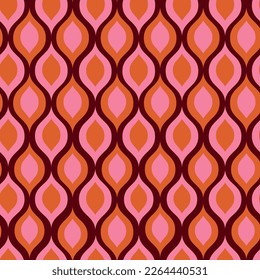 Mid Century Modern Ogee ovals seamless pattern in orange and pink over dark red background. For home decor, fabric, wallpaper and textile.