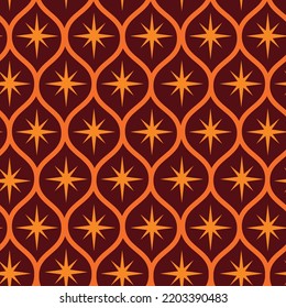 Mid Century Modern Orange Atomic Starburst On Brown Ogee Seamless Pattern. For Home Décor, Wallpaper And Textile