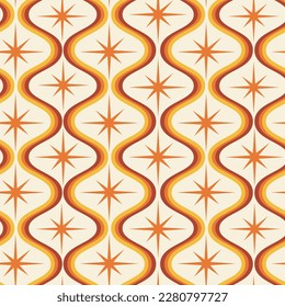 Mid century modern orange atomic starburst on ogee oval shapes seamless pattern in orange, yellow and burgundy. For textile, home decor, wallpaper and fabric svg