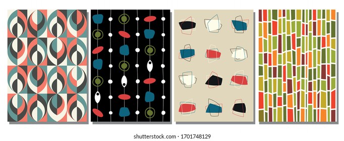 Mid Century Modern Pattern Set, 1950s, 1960s Abstract Backgrounds, Vintage Colors and Shapes