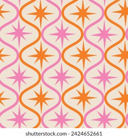 Mid century modern pink and orange atomic starbursts on retro ogee shapes seamless pattern on white background . For wallpaper, home décor, wrapping paper and fabric 