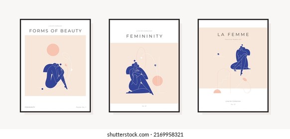 Moderne Plakatkollektion des Mittelalters. Abstrakter weiblicher Körper, Frau Silhouette nude feminine trendy Grafik. Zeitgenössische Ästhetik, Femininitäts-Konzept, Druckset für Tapas-Dekoration. Vektorgrafik