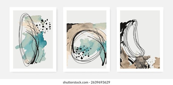 Mid Century Modern Poster Set with Watercolor and Linear Textures. Wall Art Abstract Shapes Decorative Template. Vector Creative Design. Aesthetic Floral Card in Scandinavian Style. Not AI