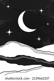 Mid century modern poster vector landscape boho poster with moon, stars, mountains for print, wall art, bedroom decor. Boho wall decor. Vector scene painting illustration image