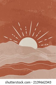 Mid century modern poster vector boho poster in terracotta colors with sunrise for print, wall art, bedroom decor. Boho wall decor morning scenery Vector sunrise or sunset scene painting image