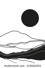 Mid century modern poster vector landscape boho poster with sun mountains for print, wall art, bedroom decor. Boho wall decor morning scenery Vector sunrise or sunset scene painting illustration image