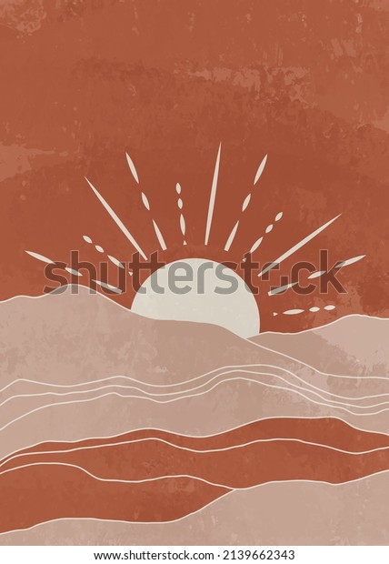 Mid century modern poster vector boho poster in terracotta colors with sunrise for print, wall art, bedroom decor. Boho wall decor morning scenery Vector sunrise or sunset scene painting image