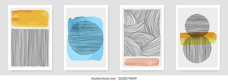 Mid Century Modern Posters Set with Hand Drawn Line Art Textures. Wall Art Abstract Decorative Template. Vector Creative Outline Design. Aesthetic Card in Minimalist Linear Style. Not AI