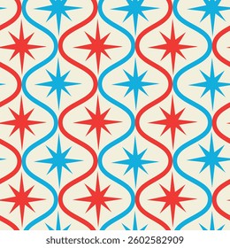Mid century modern red and blue atomic starbursts on retro ogee shapes seamless pattern on white background . For wallpaper, home décor, wrapping paper and fabric