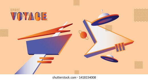 Mid century modern retro billboard and signboard with ufo flying saucers in vibrant contrasting colors