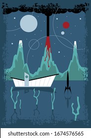 Mid Century Modern Retro Future Poster, Space, Planets, Space Rocket, Googie Architecture Style Building Sci Fi Illustration 