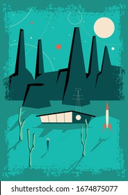 Mid Century Modern Retro Future Painting Style, Sci Fi Poster, Space Rocket, Googie Architecture, Unknown Planet Landscape