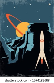 Mid Century Modern Retro Future Sci Fi Poster Style, Space Rocket, Distant Planet Surface, Mountains, Rocks, Planet with Rings