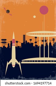 Mid Century Modern Retro Future Sci Fi Poster Style, Space Rocket, Future City 