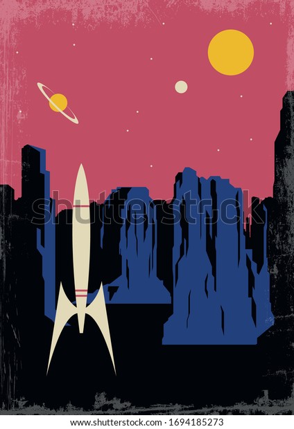 Mid Century Modern Retro\
Future Sci Fi Poster, Space Rocket, Unknown Planet Surface,\
Mountains, Stars