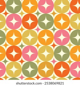 Mid century modern retro starburst on colorful circles in yellow, green, red and orange seamless pattern. For textile, home décor and fabric