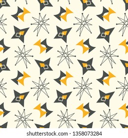 Mid century modern seamless pattern. 1950s vintage style atomic science background, retro vector illustration.