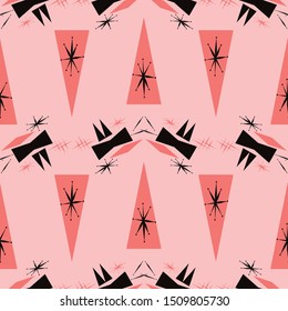 Mid century modern seamless pattern inspired from 1950's poster art. Pink background with coral and black. For textiles, graphic design, fashion, paper items, gift wrapping and home decor accents.