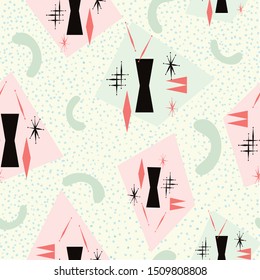 Mid century modern seamless pattern inspired from 1950's atomic poster art. Pale yellow background with pink, green, coral and black. For textiles, graphic design, fashion, paper items, gift wrapping.