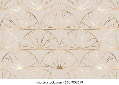 Mid century modern seamless pattern with gold rattan arch of flowers.