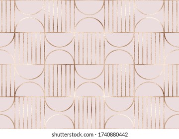 Mid century modern seamless pattern with gold geometric shapes.