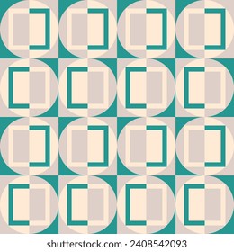 Mid century modern seamless pattern design with geometric shapes. Green teal, gray and beige mod design.