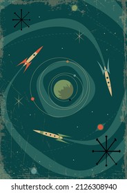 Mid Century Modern Space Illustration, Space Rockets, Planets and Stars, 1950s, 1960s Style Colors and Shapes