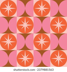 Mid century modern starbursts on orange circle with pink half circles seamless pattern. For home décor, posters and wallpaper