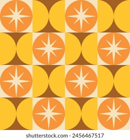 Mid century modern starbursts on orange circle with yellow half circles on squares seamless pattern. For home décor, posters and wallpaper