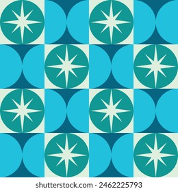 Mid Century modern starbursts on teal circle with blue half circles seamless pattern on squares. For home décor, posters and wallpaper