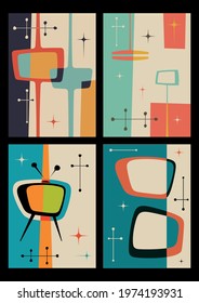 Mid Century Modern Style Background Set, Vintage Color Patterns and Geometric Abstract Shapes