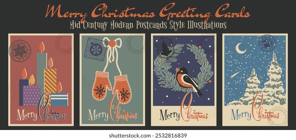 Mid Century Modern Style Christmas Postcards. 1950s Style Illustrations, Decorative Christmas Wreath, Tree, Bullfinch, Candles, Mittens. Postal Imprints, Retro Colors and Style