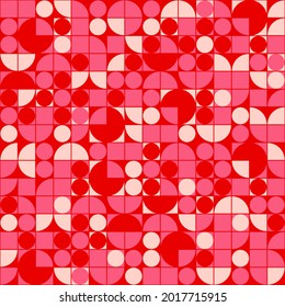 Mid Century Modern Style Geometric Pattern Design. Bright Pink And Red 1970s Retro Seamless Repeat Patten With Geometric Shapes.