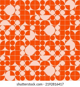 Mid Century Modern Style Geometric Pattern Design. Orange And Pastel Pink 1970s Retro Seamless Repeat Patten With Geometric Shapes.