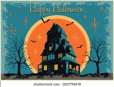 Mid Century Modern Style Halloween Greeting Card, House with the Ghosts, Dead Trees, bats