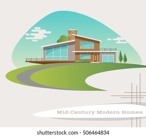 Mid Century Modern Style House. Vector Illustration