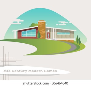 Mid Century Modern Style Ranch House. Vector Illustration