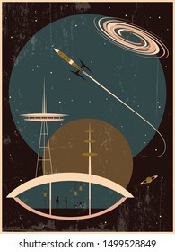 Mid Century Modern Style Retro Future Space Sci Fi Illustration, Vintage Colors, Grunge Texture Pattern