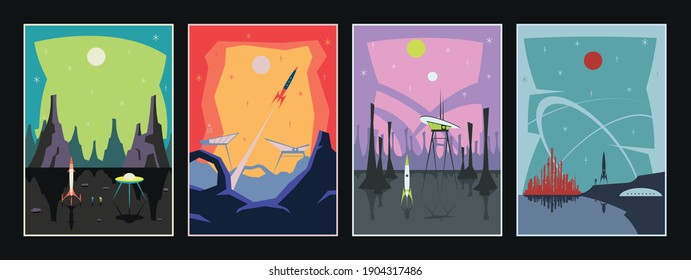 Mid Century Modern Style Retro Future Illustration Set, Space, Rockets, Flying Saucers, Alien Planets