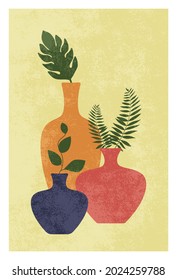 Mid century modern style. Retro design with texture. Vases with green tropical leaves. Vector illustration for social media, cards, post marks, wall decor.