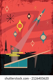 Mid Century Modern Style Retro Future Space Illustration, 1950s, 1960s Atomic Age Style Space Rocket, Googie Architecture