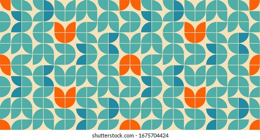 Mid century modern style seamless vector pattern with geometric floral shapes colored in orange, green turquoise and aqua blue. Retro geometrical pattern sixties style.