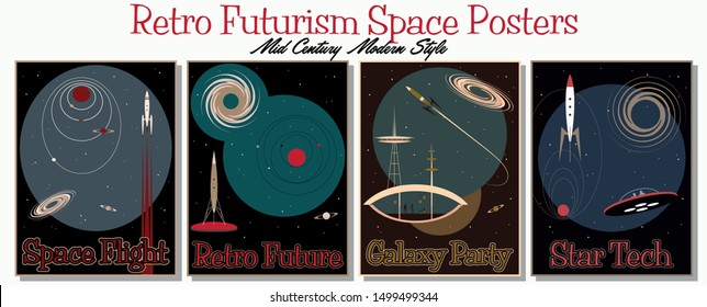 Mid Century Modern Style Space and Science Poster Set, Retro Futurism Illustrations