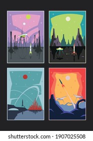 Mid Century Modern Style Space Illustrations, Rockets and Planets